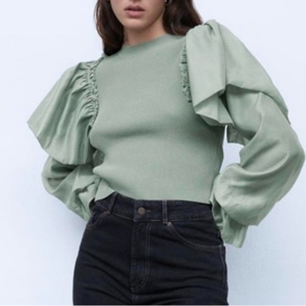 Zara Sage Green Puff Sleeve Blouse